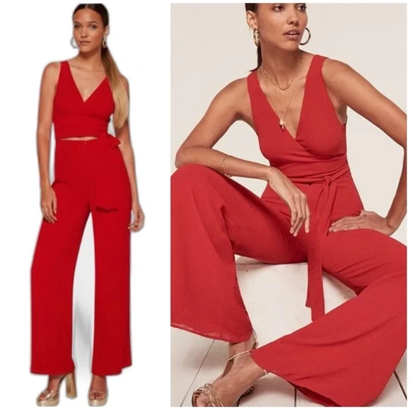 Reformation NEW Patti Jumpsuit in Cherry Red Romper Flare Wide Leg Sz 2 RARE - Picture 2 of 15